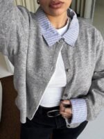 Elorivane Plus Size Color Block Cardigan, Shirt Collar Patchwork Casual Autumn Winter School Sweater - Image 3