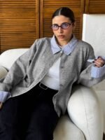Elorivane Plus Size Color Block Cardigan, Shirt Collar Patchwork Casual Autumn Winter School Sweater - Image 4