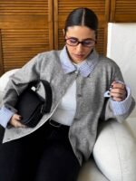 Elorivane Plus Size Color Block Cardigan, Shirt Collar Patchwork Casual Autumn Winter School Sweater - Image 5