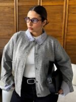 Elorivane Plus Size Color Block Cardigan, Shirt Collar Patchwork Casual Autumn Winter School Sweater - Image 6