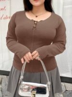 Elorivane Plus Size Round Neck T-Shirt, Bow Decor Slim Fit Long Sleeve Spring Summer Fall Top - Image 12