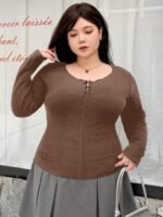 Elorivane Plus Size Round Neck T-Shirt, Bow Decor Slim Fit Long Sleeve Spring Summer Fall Top - Image 13