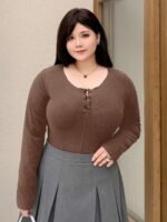 Elorivane Plus Size Round Neck T-Shirt, Bow Decor Slim Fit Long Sleeve Spring Summer Fall Top - Image 14