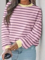 Elorivane Plus Size Striped Contrast Color Long Sleeve Sweatshirt Loose Casual for Fall Winter Halloween Christmas Wear - Image 20