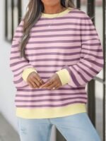 Elorivane Plus Size Striped Contrast Color Long Sleeve Sweatshirt Loose Casual for Fall Winter Halloween Christmas Wear - Image 22