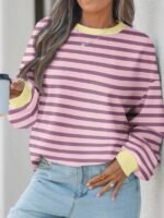 Elorivane Plus Size Striped Contrast Color Long Sleeve Sweatshirt Loose Casual for Fall Winter Halloween Christmas Wear - Image 23