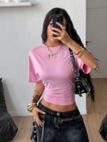 Elorivane Women Dark Grey Ruched Crop Tee, Loose Stretchy Y2K Grunge Summer Streetwear Top - Image 28
