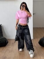 Elorivane Women Dark Grey Ruched Crop Tee, Loose Stretchy Y2K Grunge Summer Streetwear Top - Image 29