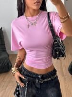 Elorivane Women Dark Grey Ruched Crop Tee, Loose Stretchy Y2K Grunge Summer Streetwear Top - Image 30