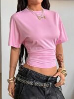 Elorivane Women Dark Grey Ruched Crop Tee, Loose Stretchy Y2K Grunge Summer Streetwear Top - Image 32
