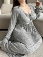 Elorivane Plus Size Floral Lace Nightgown, Contrast Flare Sleeve Elegant Maxi Spring Autumn Winter Loungewear