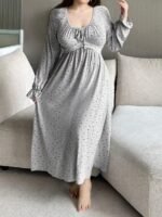 Elorivane Plus Size Floral Lace Nightgown, Contrast Flare Sleeve Elegant Maxi Spring Autumn Winter Loungewear - Image 3