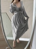 Elorivane Plus Size Floral Lace Nightgown, Contrast Flare Sleeve Elegant Maxi Spring Autumn Winter Loungewear - Image 4