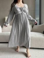 Elorivane Plus Size Floral Lace Nightgown, Contrast Flare Sleeve Elegant Maxi Spring Autumn Winter Loungewear - Image 5