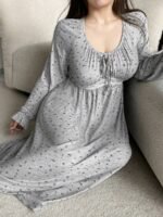 Elorivane Plus Size Floral Lace Nightgown, Contrast Flare Sleeve Elegant Maxi Spring Autumn Winter Loungewear - Image 6