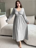 Elorivane Plus Size Floral Lace Nightgown, Contrast Flare Sleeve Elegant Maxi Spring Autumn Winter Loungewear - Image 7