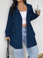 Elorivane Plus Size Hooded Cinched Waist Long Sleeve Jacket with Pockets for Fall - Image 12