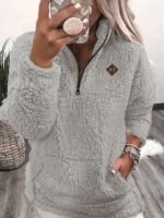 Elorivane Women's White Teddy Sherpa Pullover, Pocket Design Casual Long Sleeve Fall Winter Top - Image 21