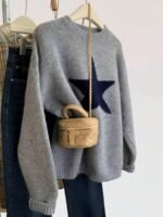 Elorivane Plus Size Drop Shoulder Five-Pointed Star Jacquard Knit Crew Neck Sweater for Fall Winter - Image 5