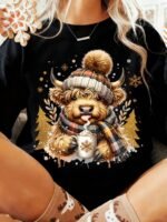Elorivane Women's Highland Cow Christmas Tree Print Top, Fall Festive - Image 6