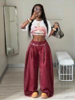Elorivane Women Brown Striped Cargo Pants, Oversized Curved Hem Vintage Summer Fall Streetwear Trousers - Image 15