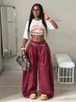 Elorivane Women Brown Striped Cargo Pants, Oversized Curved Hem Vintage Summer Fall Streetwear Trousers - Image 17