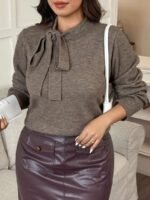 Elorivane Plus Size Solid Sweater, Crew Neck Bowknot Loose Elegant Pullover Autumn Winter Top - Image 5