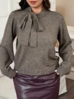 Elorivane Plus Size Solid Sweater, Crew Neck Bowknot Loose Elegant Pullover Autumn Winter Top - Image 3