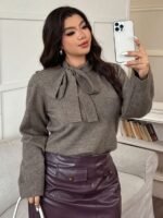 Elorivane Plus Size Solid Sweater, Crew Neck Bowknot Loose Elegant Pullover Autumn Winter Top - Image 4