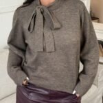 Elorivane Plus Size Solid Sweater, Crew Neck Bowknot Loose Elegant Pullover Autumn Winter Top