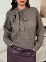 Elorivane Plus Size Solid Sweater, Crew Neck Bowknot Loose Elegant Pullover Autumn Winter Top