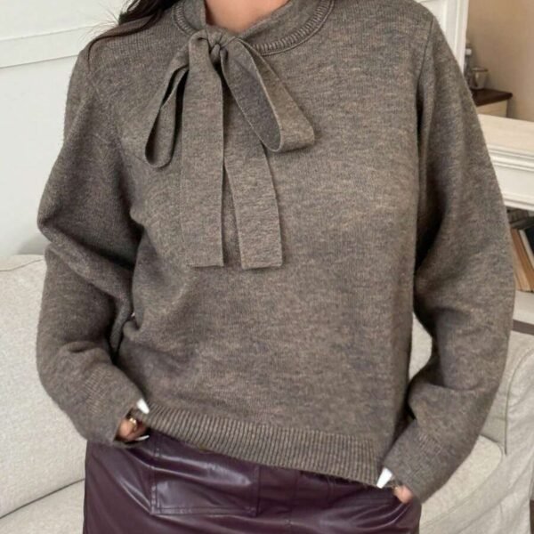 Elorivane Plus Size Solid Sweater, Crew Neck Bowknot Loose Elegant Pullover Autumn Winter Top