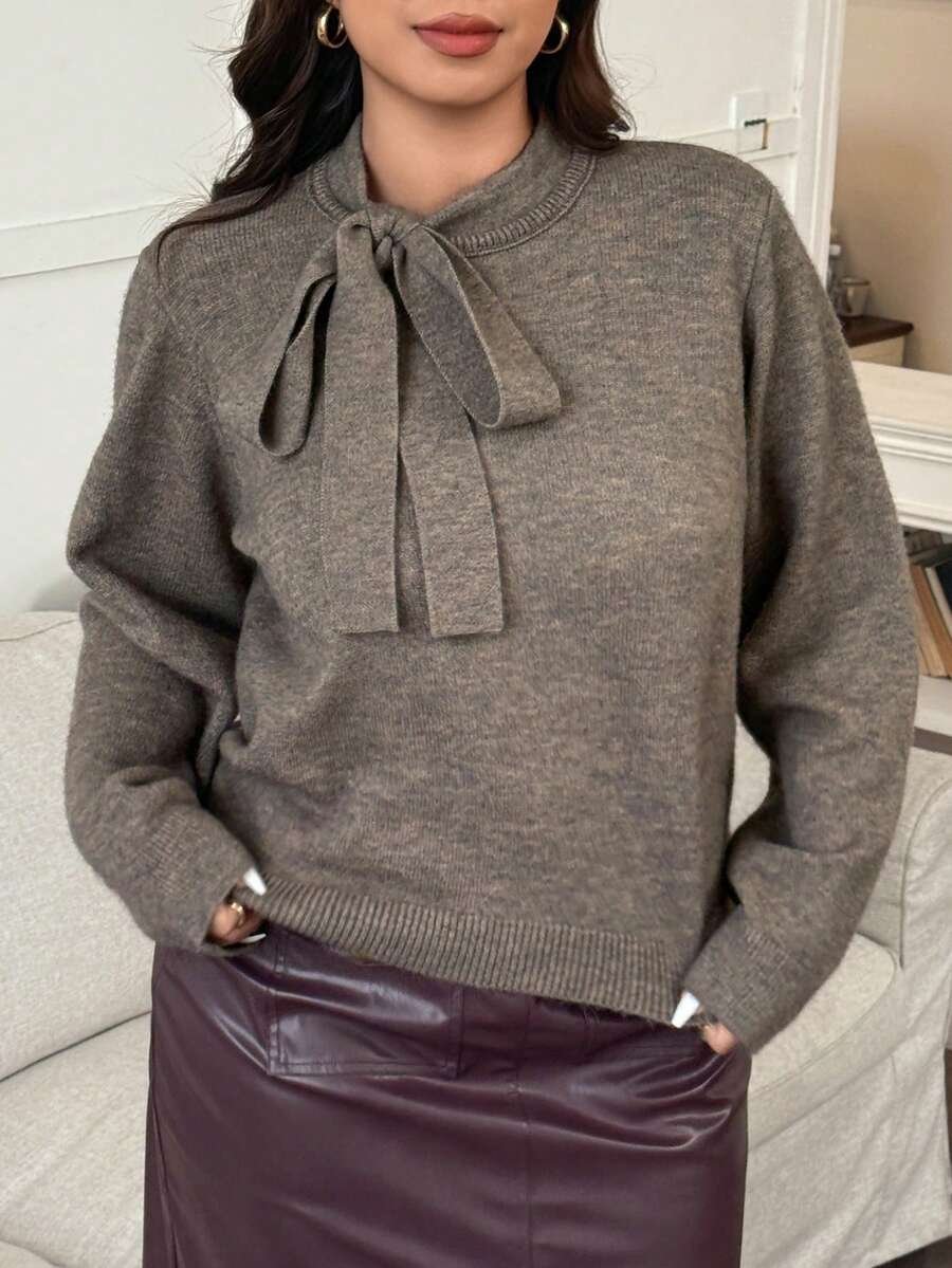 17615365196a5960076cf440c80b32c31e0ae73541_thumbnail_900x Elorivane Plus Size Solid Sweater, Crew Neck Bowknot Loose Elegant Pullover Autumn Winter Top - Image 1