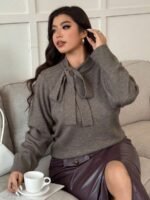Elorivane Plus Size Solid Sweater, Crew Neck Bowknot Loose Elegant Pullover Autumn Winter Top - Image 6