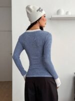 Elorivane Women Blue Rib Knit Thermal Shirt, 2-in-1 Embroidered Preppy Chic Fall Winter Button Down Top - Image 15
