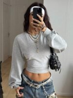 Elorivane Women Gray Solid Pleated Sweatshirt, Asymmetrical Neck Long Sleeve Grunge Fall Pullover - Image 3