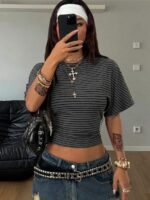 Elorivane Women Dark Grey Ruched Crop Tee, Loose Stretchy Y2K Grunge Summer Streetwear Top - Image 22
