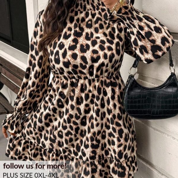 Elorivane Plus Size Leopard Print Dress, Stand Collar Lantern Sleeve Ruffle Hem Belted Dress, Spring Casual Wear