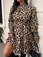 Elorivane Plus Size Leopard Print Dress, Stand Collar Lantern Sleeve Ruffle Hem Belted Dress, Spring Casual Wear - Image 2