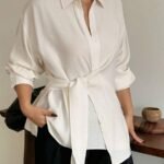 Elorivane Plus Size White Shirt, Lapel Half-Open Tie Hem Long Sleeve Spring Autumn Blouse