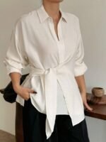 Elorivane Plus Size White Shirt, Lapel Half-Open Tie Hem Long Sleeve Spring Autumn Blouse