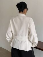 Elorivane Plus Size White Shirt, Lapel Half-Open Tie Hem Long Sleeve Spring Autumn Blouse - Image 2