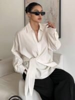 Elorivane Plus Size White Shirt, Lapel Half-Open Tie Hem Long Sleeve Spring Autumn Blouse - Image 4
