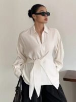 Elorivane Plus Size White Shirt, Lapel Half-Open Tie Hem Long Sleeve Spring Autumn Blouse - Image 5