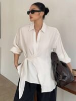 Elorivane Plus Size White Shirt, Lapel Half-Open Tie Hem Long Sleeve Spring Autumn Blouse - Image 6