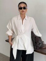 Elorivane Plus Size White Shirt, Lapel Half-Open Tie Hem Long Sleeve Spring Autumn Blouse - Image 7