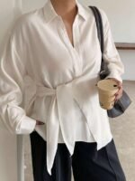 Elorivane Plus Size White Shirt, Lapel Half-Open Tie Hem Long Sleeve Spring Autumn Blouse - Image 8