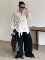 Elorivane Plus Size White Shirt, Lapel Half-Open Tie Hem Long Sleeve Spring Autumn Blouse - Image 9