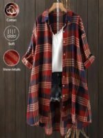 Elorivane Plus Size Green Plaid Shirt, Tie Cuff Long Sleeve Retro Loose Top, Autumn Vacation Casual Wear - Image 8