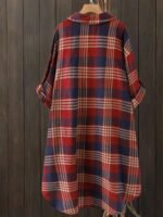 Elorivane Plus Size Green Plaid Shirt, Tie Cuff Long Sleeve Retro Loose Top, Autumn Vacation Casual Wear - Image 9